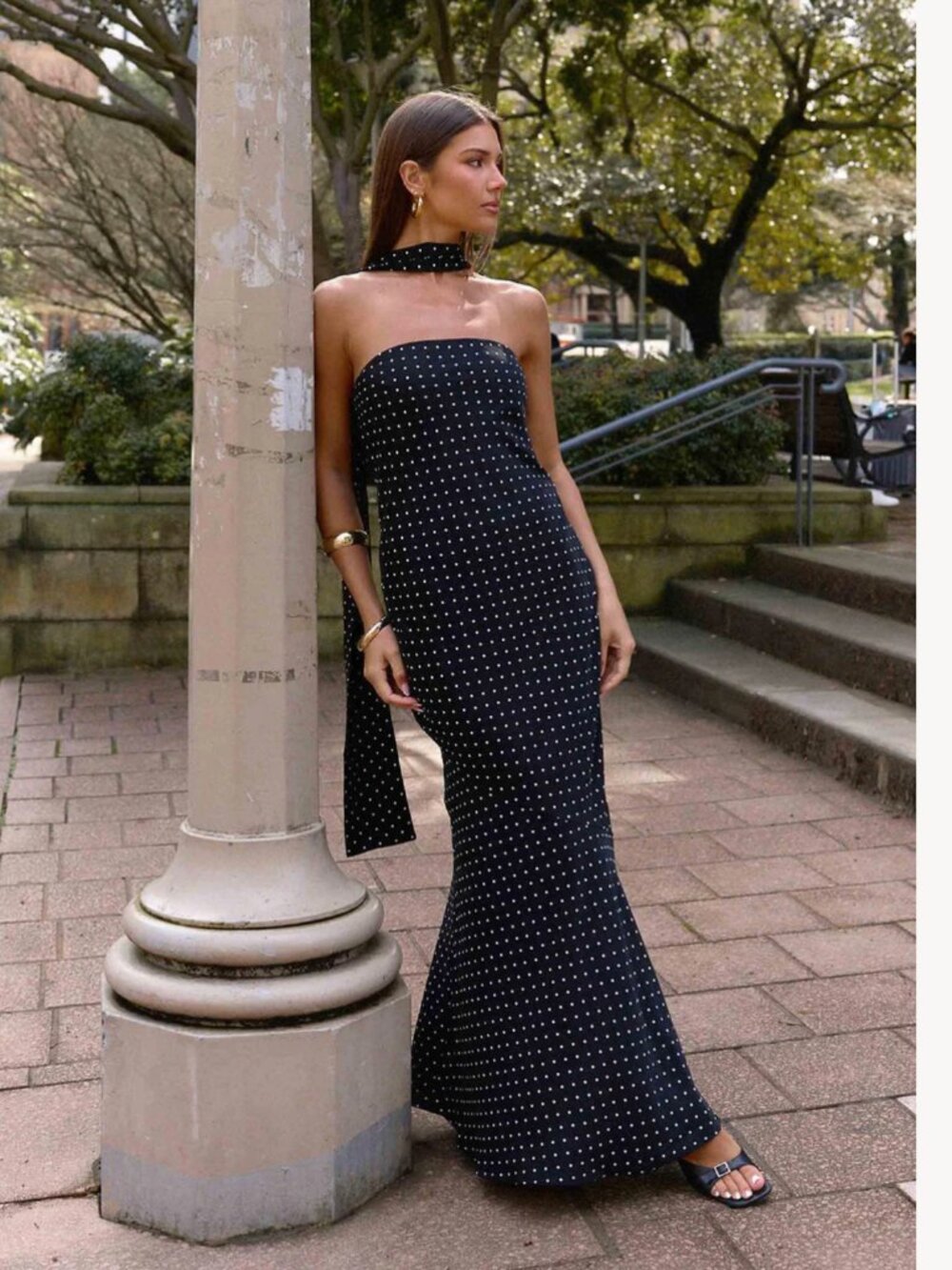 Peppermayo Black Polka Dot Strapless Maxi Dress with Choker